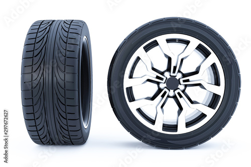 Car wheels isolated on a white background. 3D rendering.