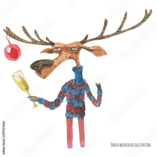 Christmas Deer in sweater drinking wine, traced watercolor