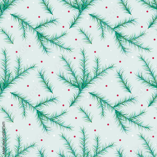 Christmas, winter tree branches and berries background. Seamless pattern for holiday with pine tree needles. vector illustration.
