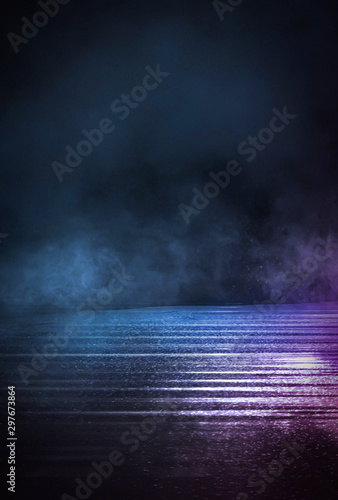 Dark empty scene, blue neon searchlight light, wet asphalt, smoke, night view, rays. Empty black studio room. Dark background. Abstract dark empty studio room texture. Product showcase spotlight back