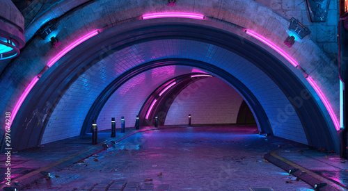 Photorealistic 3d illustration in the style of cyberpunk. Tunnel road with bright neon lights. Beautiful night cityscape. Grunge urban landscape.