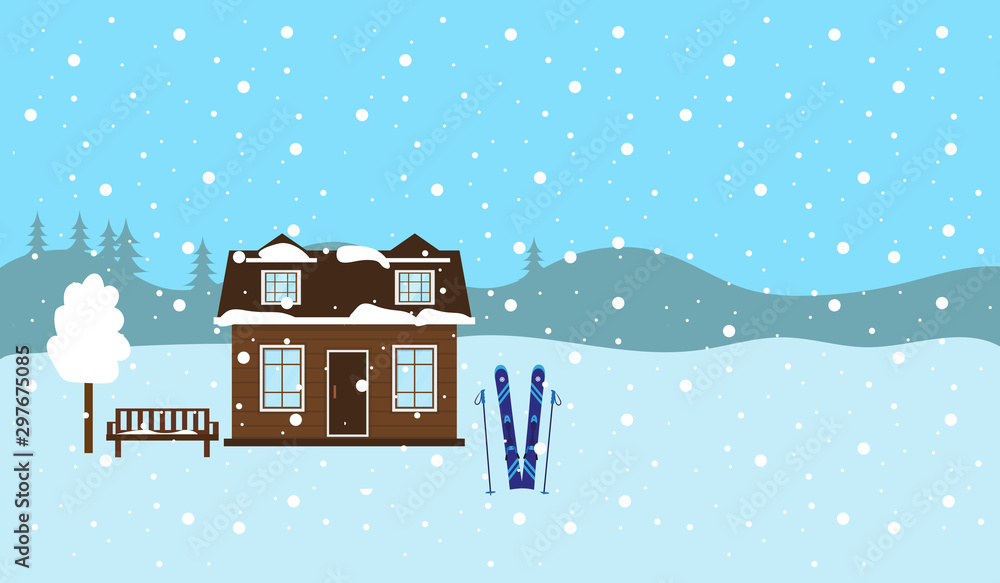 Winter snowy landscape. Country house, bench and ski outside. Vector illustration.