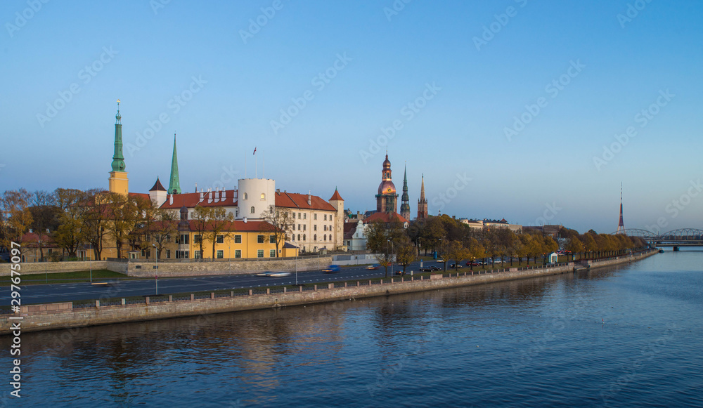 Panorama view of Riga city and Daugava river.