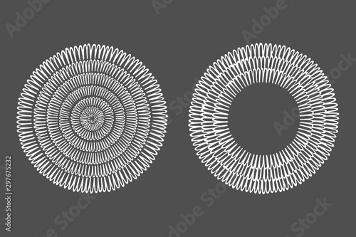 Hand drawn round frame, circle, ring shape template, radial circular pattern. Rounded doodle spiral, twisted, curved uneven mono line. Embroidery, needlework ornamentation, graphic design element. 