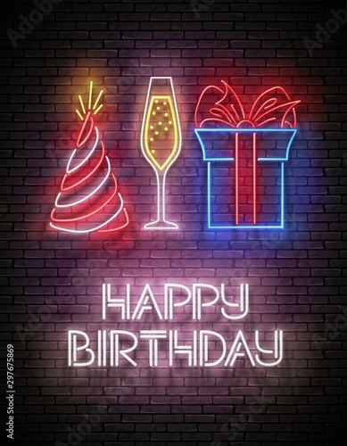 Glow Greeting Card with Gift, Champagne, Holiday Hat and Happy Birthday Inscription