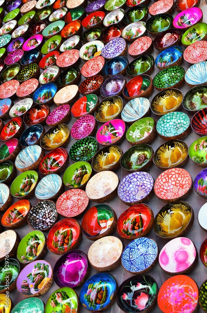 Souvenir colourfully lacquer bowls on the market in Luang Prabang, Laos