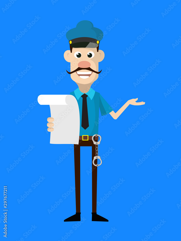 Cartoon Cop Policeman - Holding a Paper and Announcing