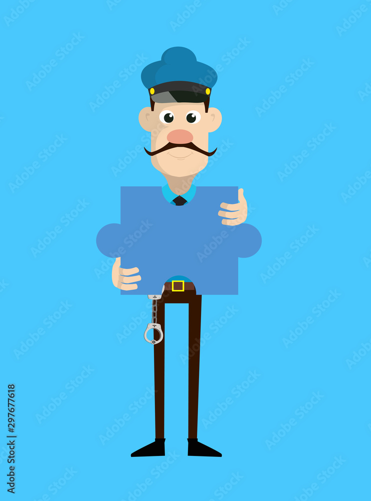 Cartoon Cop Policeman - Holding a Jigsaw Puzzle Piece