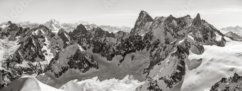 Les Grandes Jorasses and Dent du Geant peak with Valley Blanche in the Mont Blanc mountain range. High mountain extreme skiing resort. Chamonix, Haute-Savoie, Alps, France