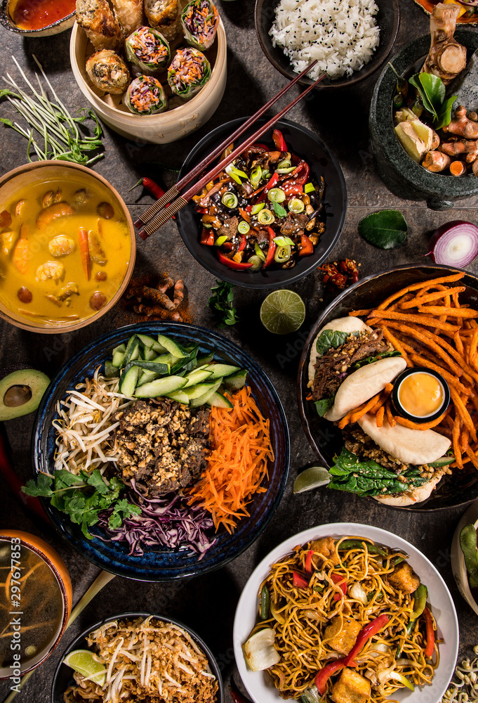 Asian food background with various ingredients on rustic stone background , top view. Vietnam or Thai cuisine. - obrazy, fototapety, plakaty 