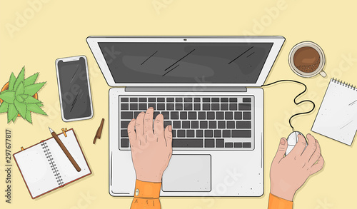 European woman working on a laptop. Hands on the computer keyboard and mouse.