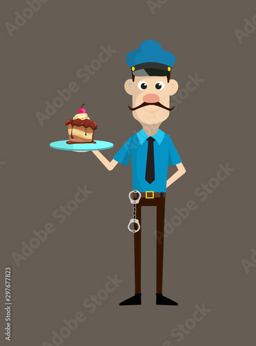 Cartoon Cop Policeman - Presenting a Cake