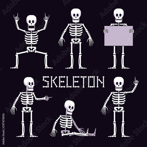Skeleton in various poses is cartoon style. Funny skeleton with various gestures. Vector illustration.