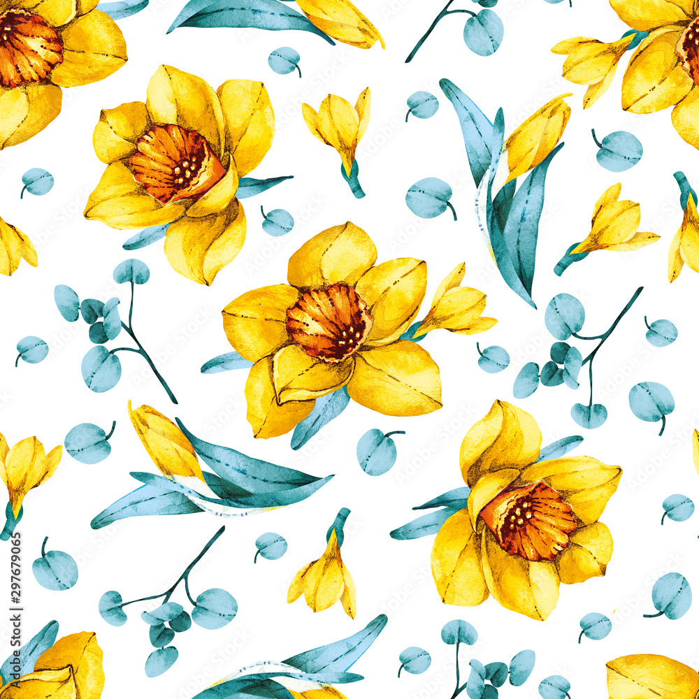 pattern leaves, branches, yellow daffodils pattern leaves, branches, yellow daffodils