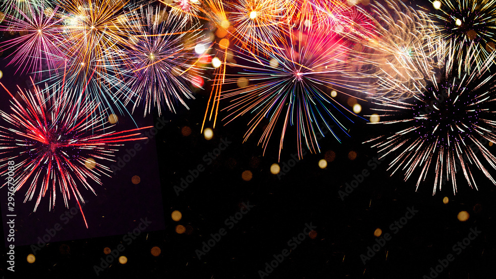 Colorful firework with bokeh background. New Year celebration, Abstract holiday background - obrazy, fototapety, plakaty 