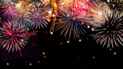 Colorful firework with bokeh background. New Year celebration, Abstract holiday background