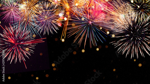 Colorful firework with bokeh background. New Year celebration, Abstract holid...