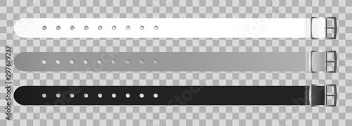 Vector set of black, gray and white silicon waterproof wristbands or bracelets with closing watch mechanism. Hand entrance access control. Templates are isolated on a transparent background.