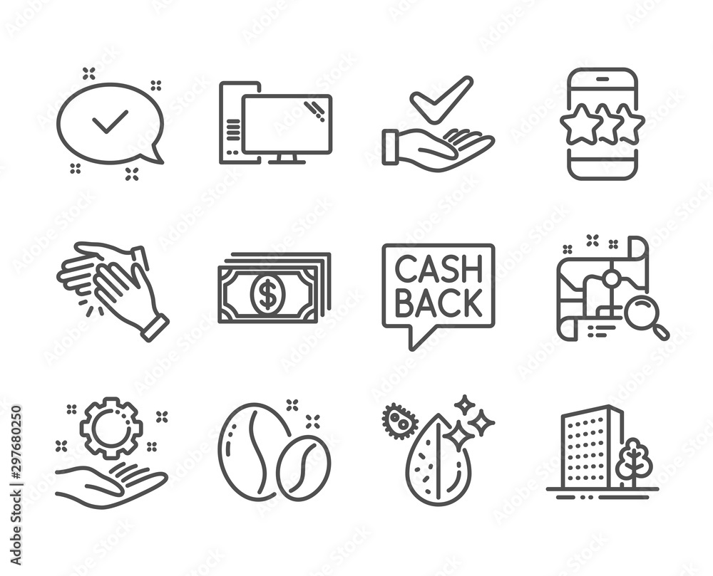Set of Business icons, such as Money transfer, Dermatologically tested, Payment, Search map, Computer, Approved, Dirty water, Clapping hands, Coffee beans, Star, Employee hand, Buildings. Vector Set of Business icons, such as Money transfer, Dermatologically tested, Payment, Search map, Computer, Approved, Dirty water, Clapping hands, Coffee beans, Star, Employee hand, Buildings. Vector