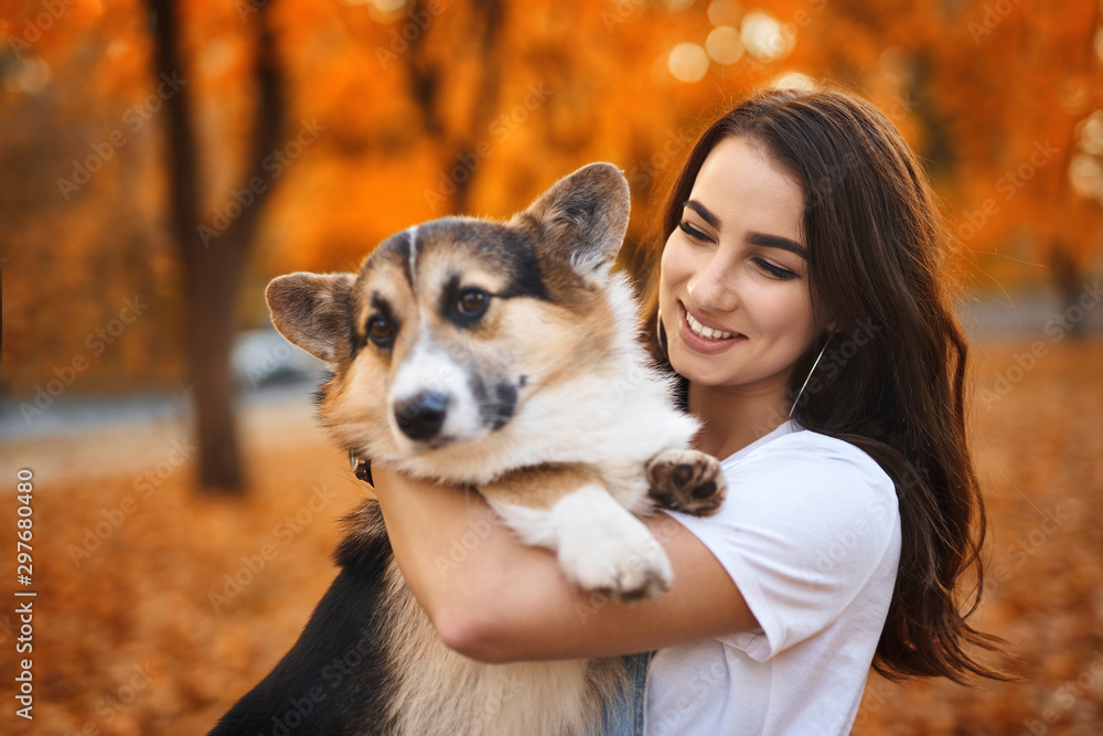 smiling happy woman together with Welsh Corgi Pembroke dog in a park outdoors. Young female owner huging pet in park at fall on the orange foliage background. Focus on the woman. Concept friendship smiling happy woman together with Welsh Corgi Pembroke dog in a park outdoors. Young female owner huging pet in park at fall on the orange foliage background. Focus on the woman. Concept friendship
