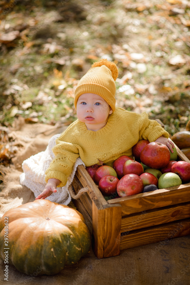 Fototapeta premium Cute little girl sitting on pumpkin and playing in autumn forest