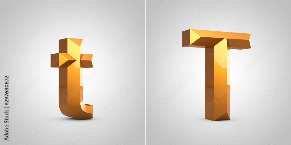 Fototapeta premium Gold 3d letter T isolated on white background.