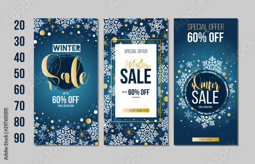 Set of winter sale flyer template with lettering, snowflakes on black background. Winter promotion. Poster, banner, card, label, and other design. Vector illustration.