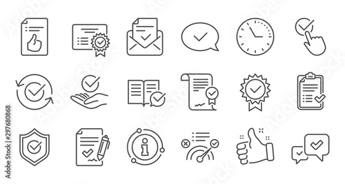 Approve line icons. Checklist, Certificate and Award medal. Thumbs up certified document linear icon set. Quality line set. Vector