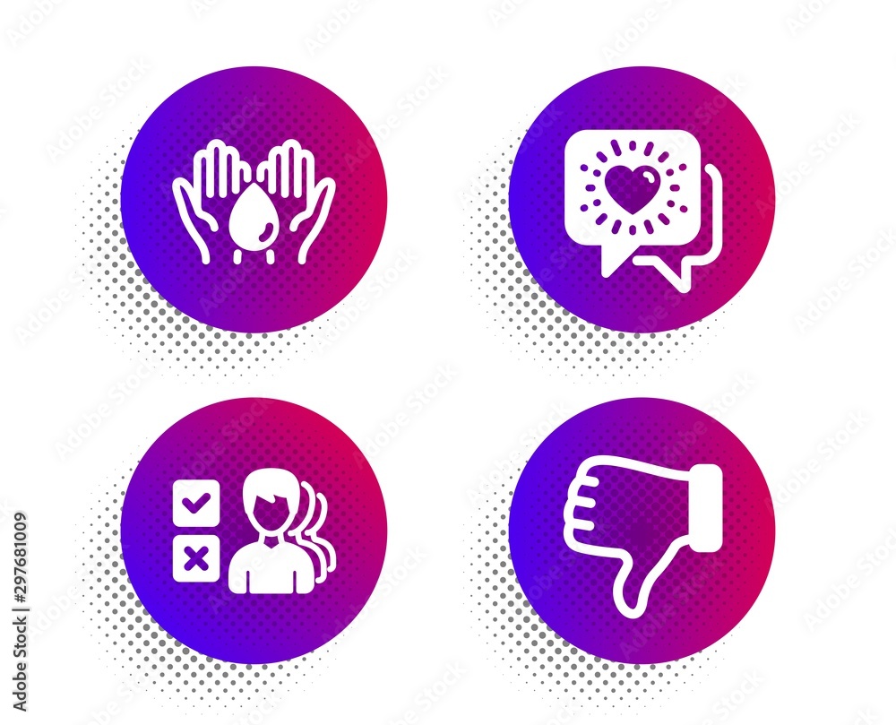 Friends chat, Opinion and Wash hands icons simple set. Halftone dots button. Dislike hand sign. Friendship, Choose answer, Skin care. Thumbs down. People set. Classic flat friends chat icon. Vector