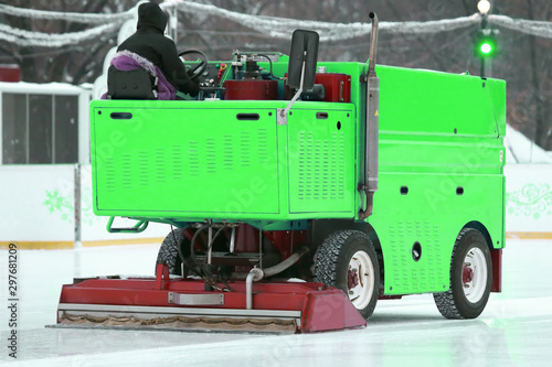 special machine ice harvester cleans the ice rink