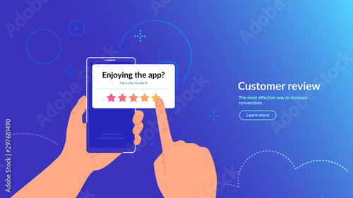 Rate our mobile app. Customer feedback and rating 5 stars for app or service.