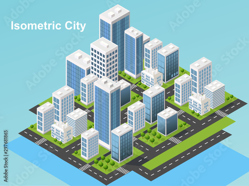 Isometric urban megalopolis top view of the city infrastructure town  street  houses  architecture 3d elements different buildings