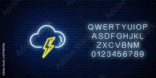 Glowing neon thunderstorm weather icon with alphabet. Storm symbol with cloud and lightning in neon style