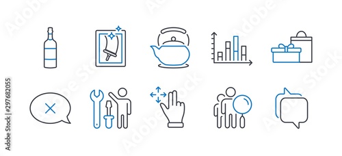 Set of Business icons, such as Reject, Teapot, Window cleaning, Move gesture, Repairman, Brandy bottle, Search people, Diagram graph, Gifts, Messenger line icons. Delete message, Tea kettle. Vector
