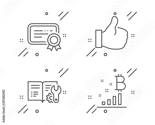 Certificate, Engineering documentation and Like line icons set. Bitcoin graph sign. Verified document, Manual, Thumbs up. Cryptocurrency analytics. Technology set. Vector