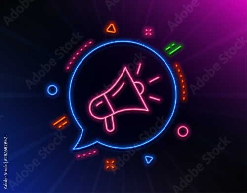 Megaphone line icon. Neon laser lights. Advertisement device symbol. Brand ambassador sign. Glow laser speech bubble. Neon lights chat bubble. Banner badge with megaphone icon. Vector