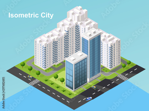 Isometric urban megalopolis top view of the city infrastructure town, street, houses, architecture 3d elements different buildings
