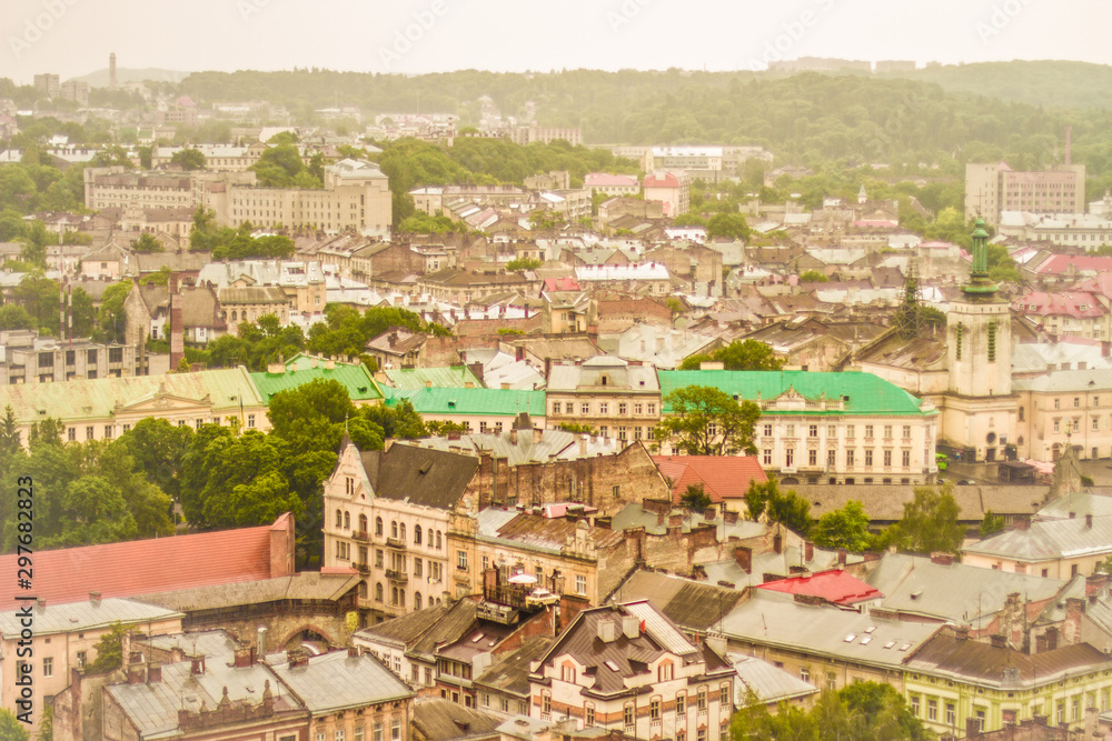 Center of Lviv aerial view.