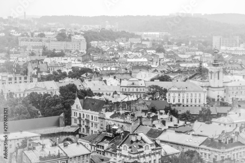 The historic center of Lviv in black and white.