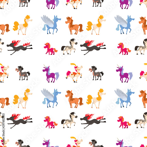 Horse pony stallion vector breeds color farm equestrian mammal domestic animal mane zoo character illustration seamless pattern background.