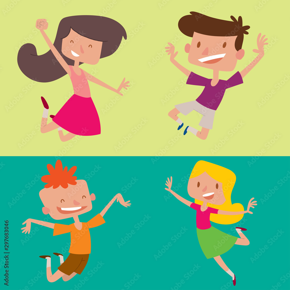 Happy children in different positions big vector jumping cheerful child group and funny cartoon kids joyful team laughing little people characters. Happy children in different positions big vector jumping cheerful child group and funny cartoon kids joyful team laughing little people characters.