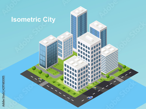 Isometric urban megalopolis top view of the city infrastructure town, street, houses, architecture 3d elements different buildings