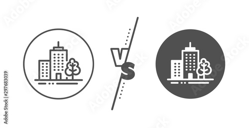 City architecture with tree sign. Versus concept. Skyscraper buildings line icon. Town symbol. Line vs classic skyscraper buildings icon. Vector