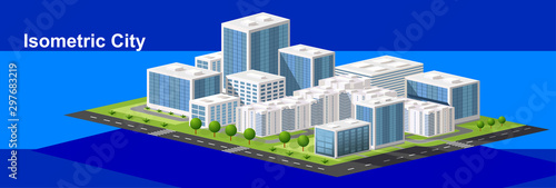 Isometric urban megalopolis top view of the city infrastructure town, street, houses, architecture 3d elements different buildings