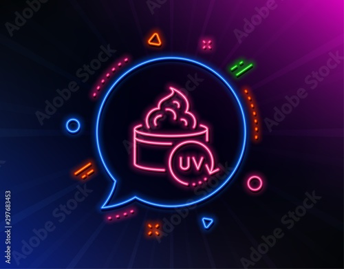 Uv protection cream line icon. Neon laser lights. Skin care sign. Cosmetic lotion symbol. Glow laser speech bubble. Neon lights chat bubble. Banner badge with uv protection icon. Vector