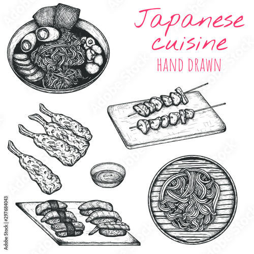 Japanese cuisine hand drawn vector set, sketched japanese dish illustrations.