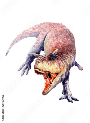 Prehistoric hunter. Carnosaurus in a menacing pose. Watercolor. photo