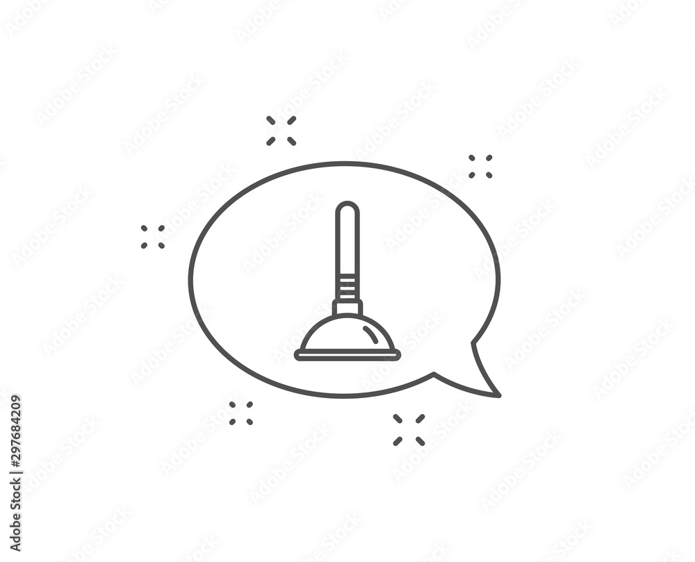 Fototapeta premium Cleaning plunger line icon. Chat bubble design. Ð¡leaning of pipe clogs symbol. Housekeeping equipment sign. Outline concept. Thin line plunger icon. Vector