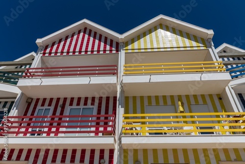 Colorfully striped houses at Costa Nova, Portugal.