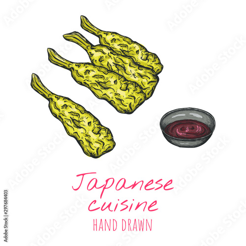 Tempura japanese dish, hand drawn vector illustration, isolated sketched design.